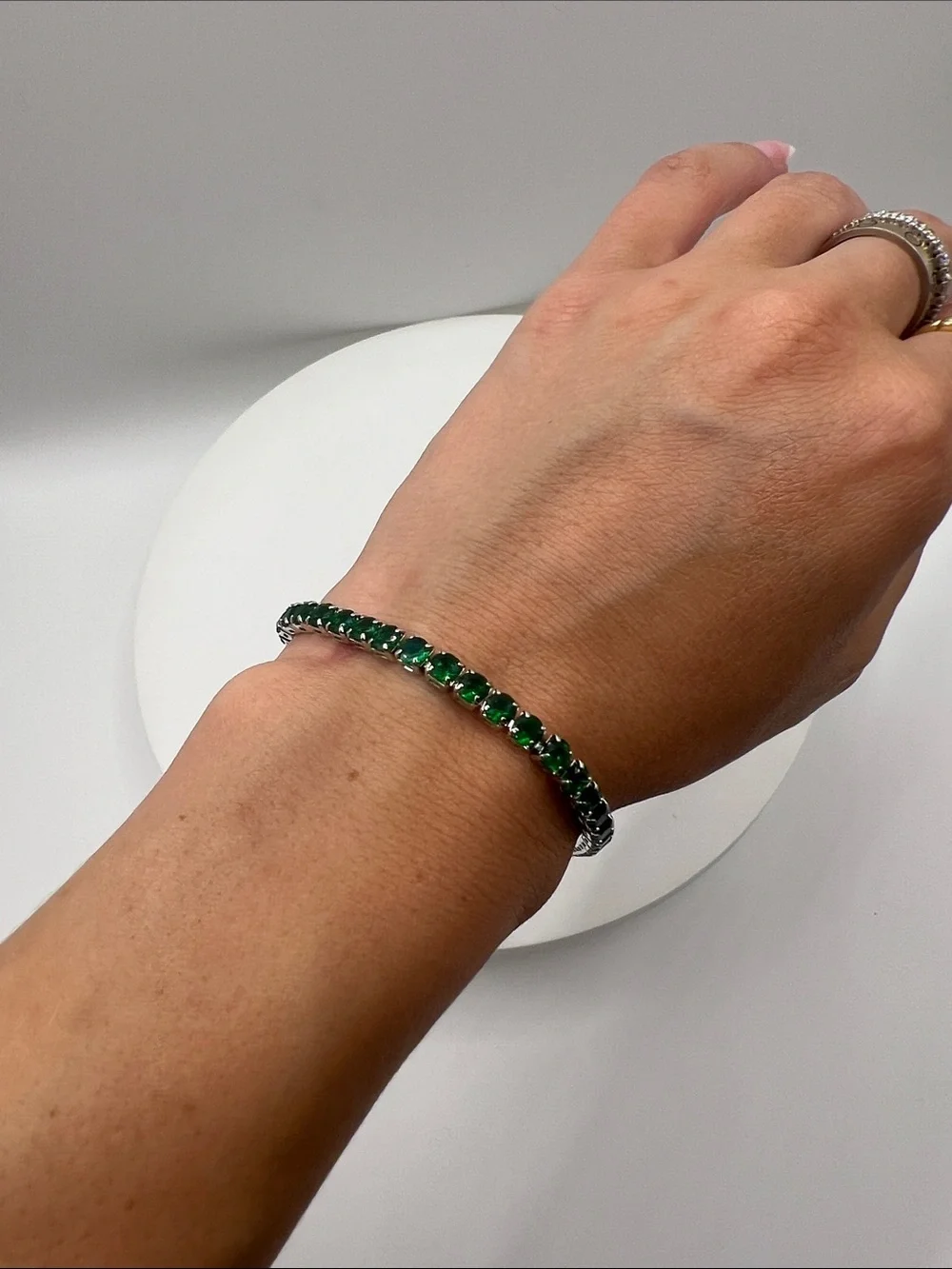 148. Emerald Green Tennis Bracelet White Gold Plated 6 3/4”